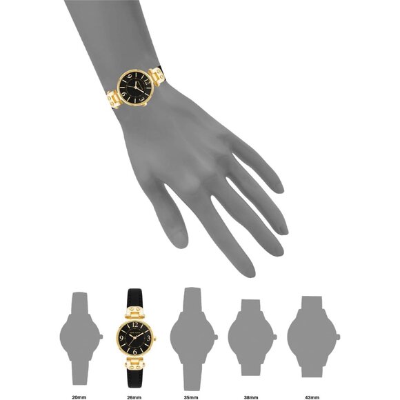 Women\'s Black/Gold Domed Mineral Crystal Lens Leather Strap Closure Watch main image 6